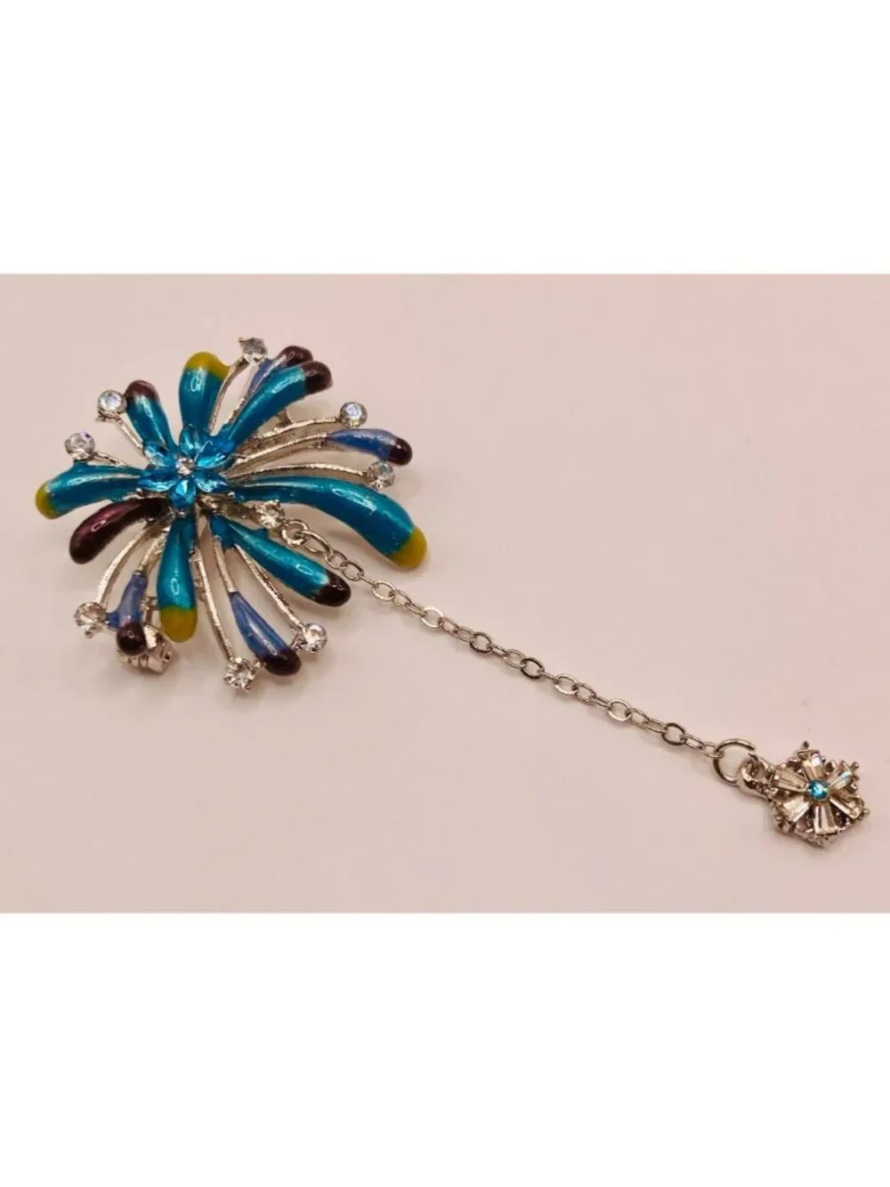 Colorful Flower or Firework Brooch Rhinestones & Dangling Charm Blue Purple -36B